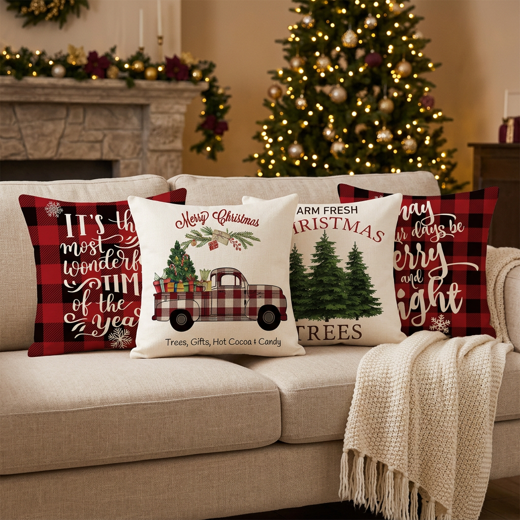 Housses de Coussin de Noël – Lot de 4 (45 × 45 cm, coussins non fournis)