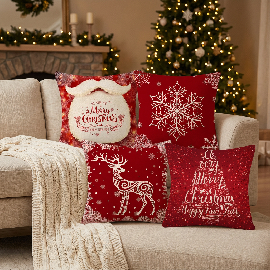 Housses de Coussin de Noël – Lot de 4 (45 × 45 cm, coussins non fournis)