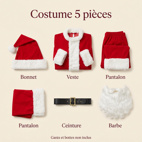 Costume de Père Noël Adulte 5 Pièces – Bonnet, Veste, Pantalon, Ceinture, Barbe