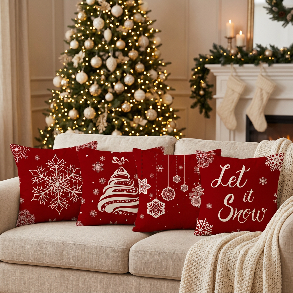 Housses de Coussin de Noël – Lot de 4 (45 × 45 cm, coussins non fournis)