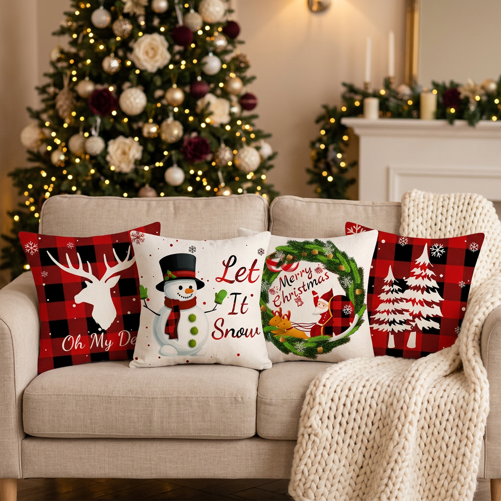 Housses de Coussin de Noël – Lot de 4 (45 × 45 cm, coussins non fournis)