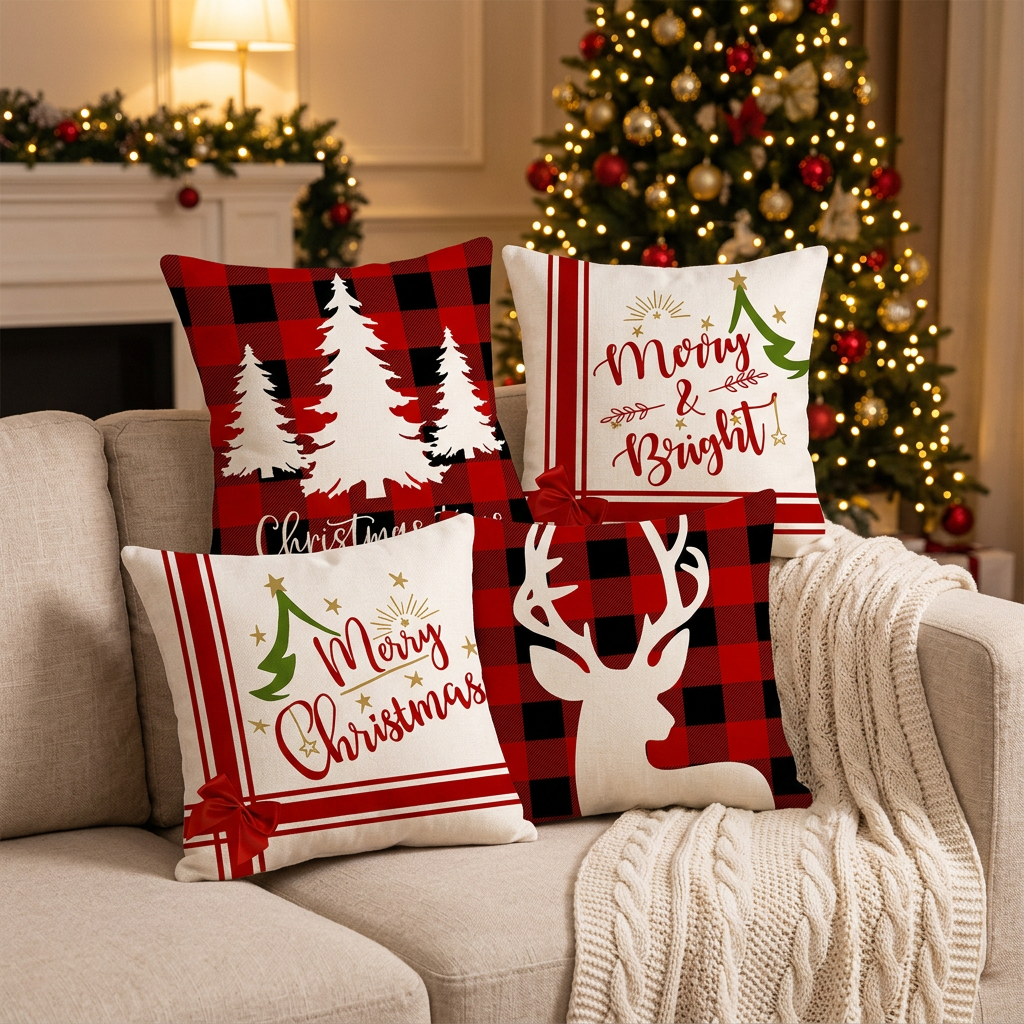 Housses de Coussin de Noël – Lot de 4 (45 × 45 cm, coussins non fournis)